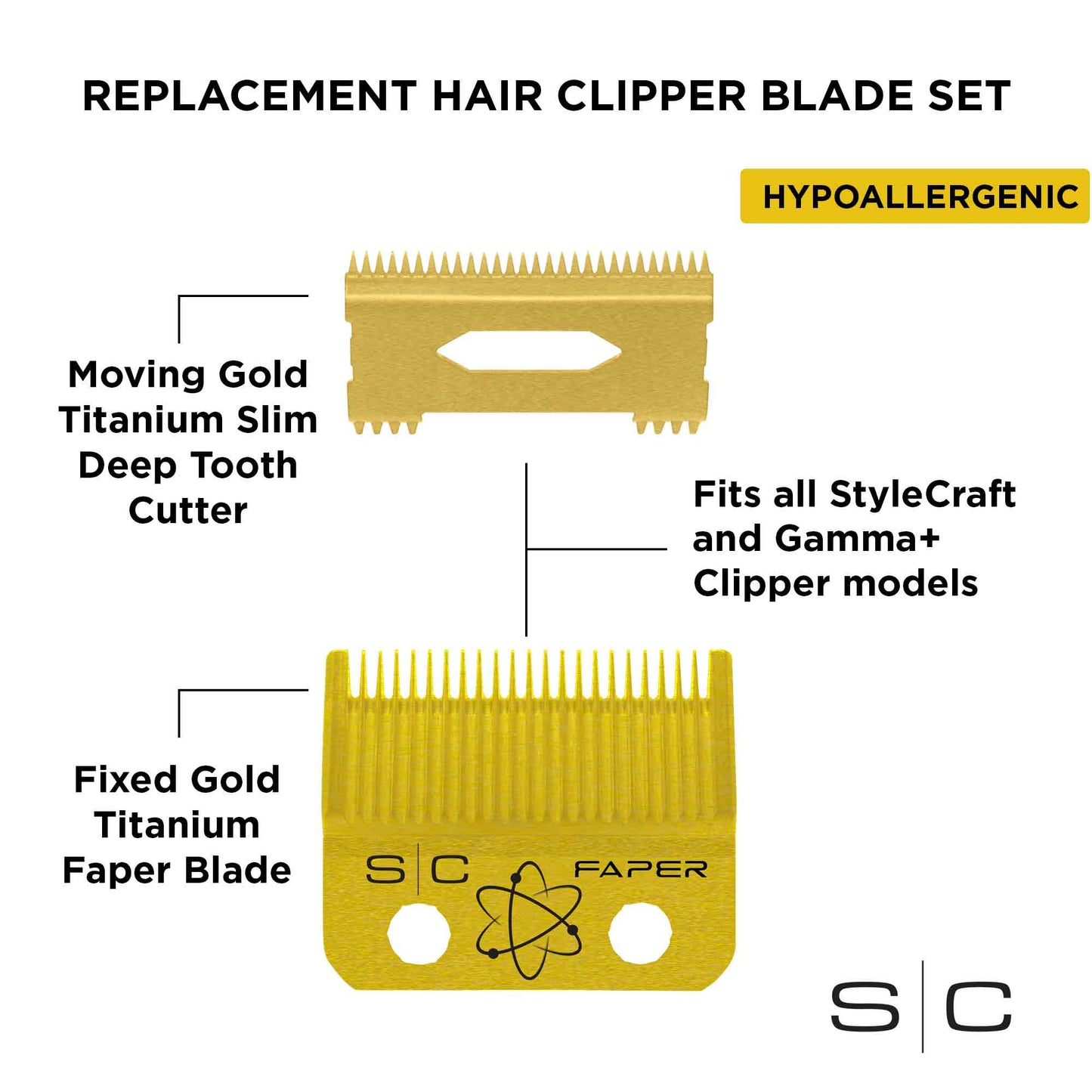 StyleCraft Clipper Blade Set - Gold Fixed Faper Blade with Slim Deep Tooth Cutter